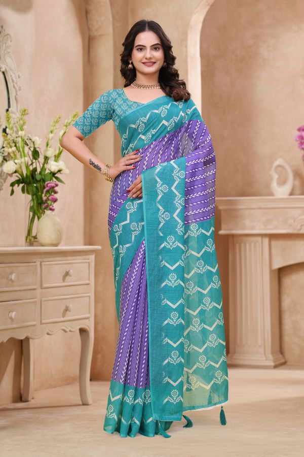 Teal Purple Floral Printed Linen Cotton Saree with Border