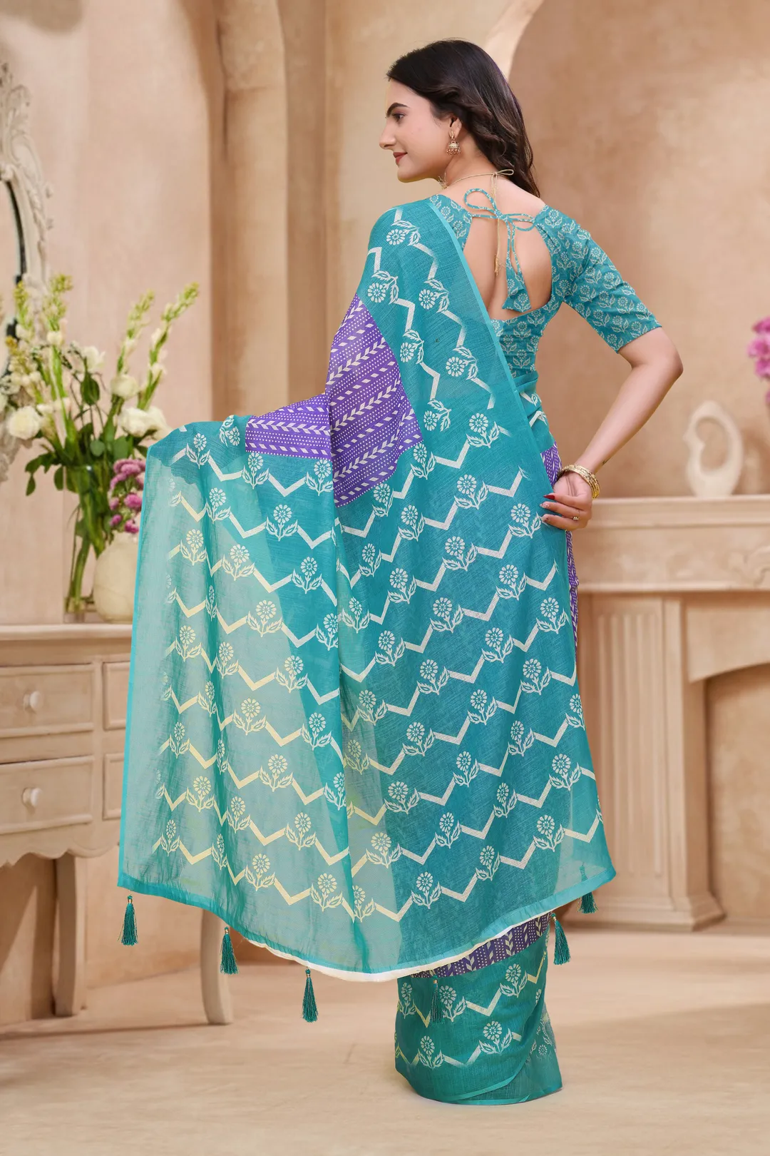 Teal Purple Floral Printed Linen Cotton Saree with Border