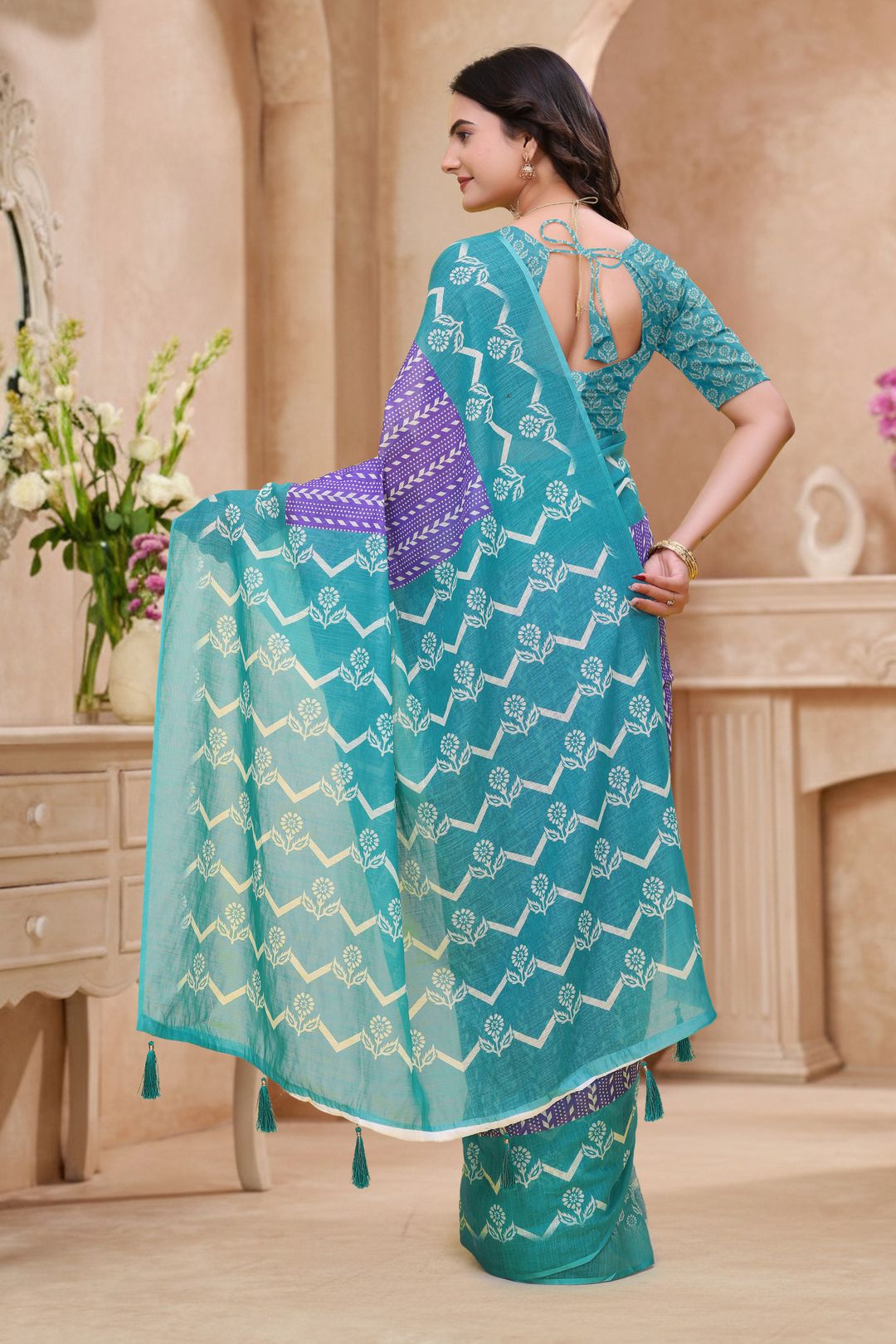 Teal Purple Floral Printed Linen Cotton Saree with Border