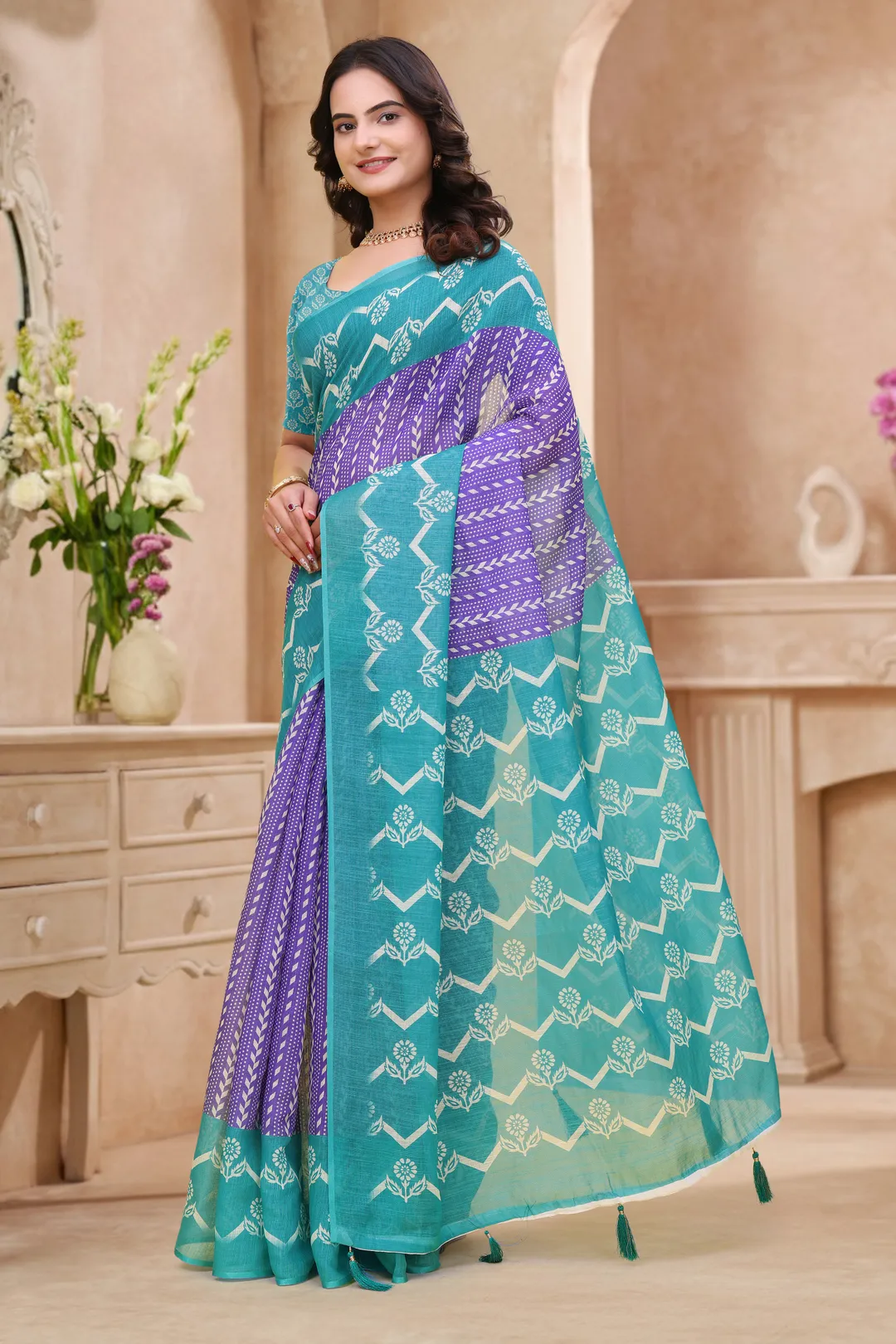 Teal Purple Floral Printed Linen Cotton Saree with Border