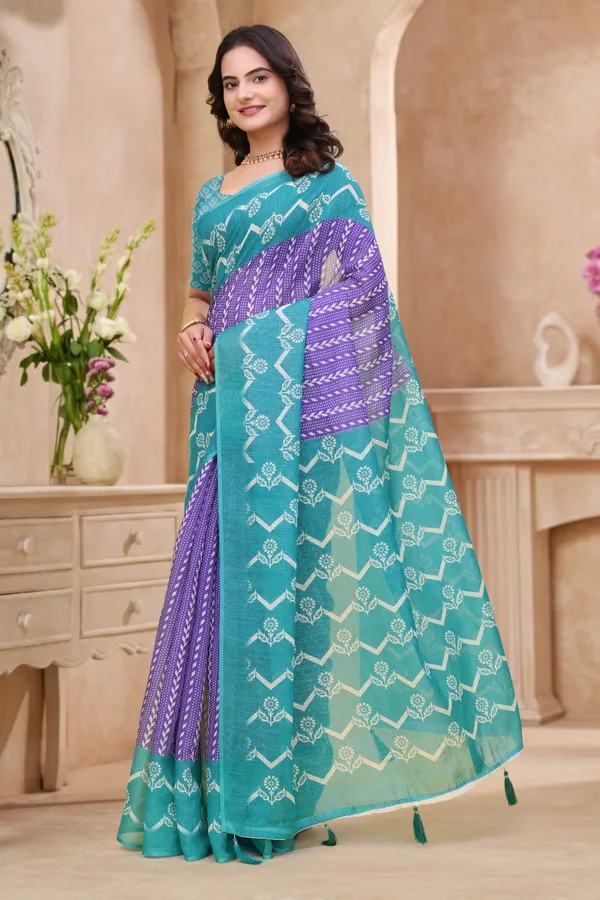 Teal Purple Floral Printed Linen Cotton Saree with Border