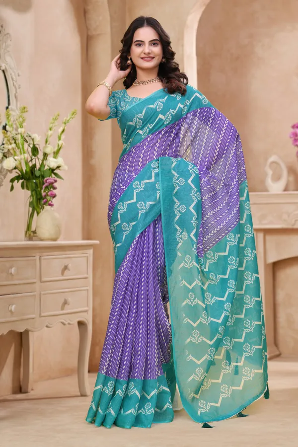Teal Purple Floral Printed Linen Cotton Saree with Border