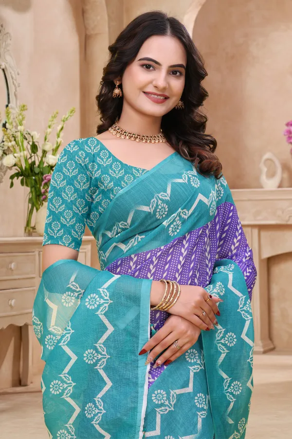 Teal Purple Floral Printed Linen Cotton Saree with Border