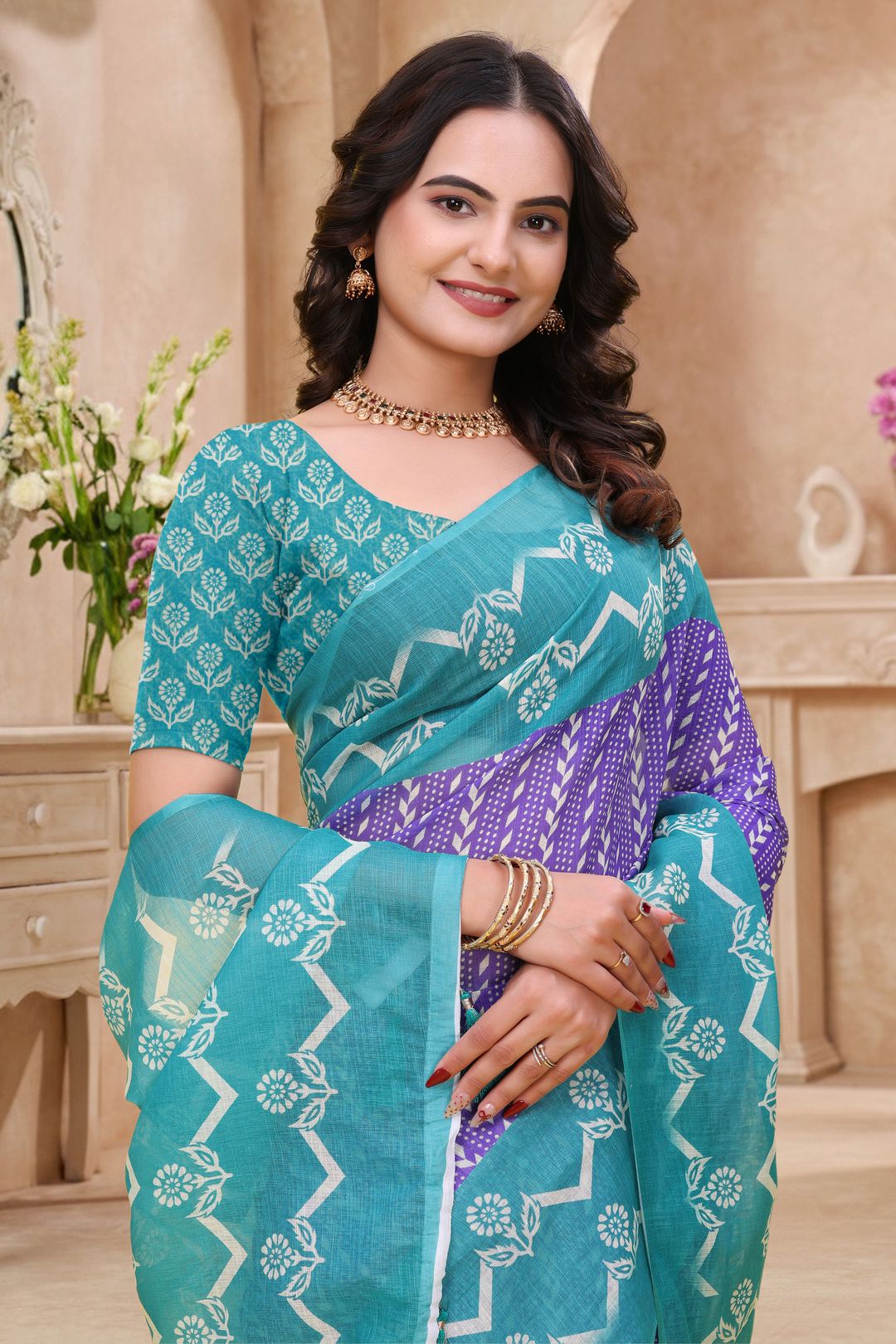 Teal Purple Floral Printed Linen Cotton Saree with Border