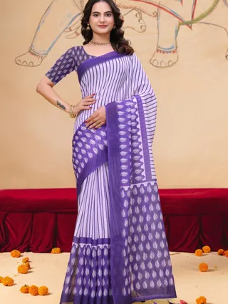 Purple Linen Cotton Saree with Leaf Print and Striped Pallu
