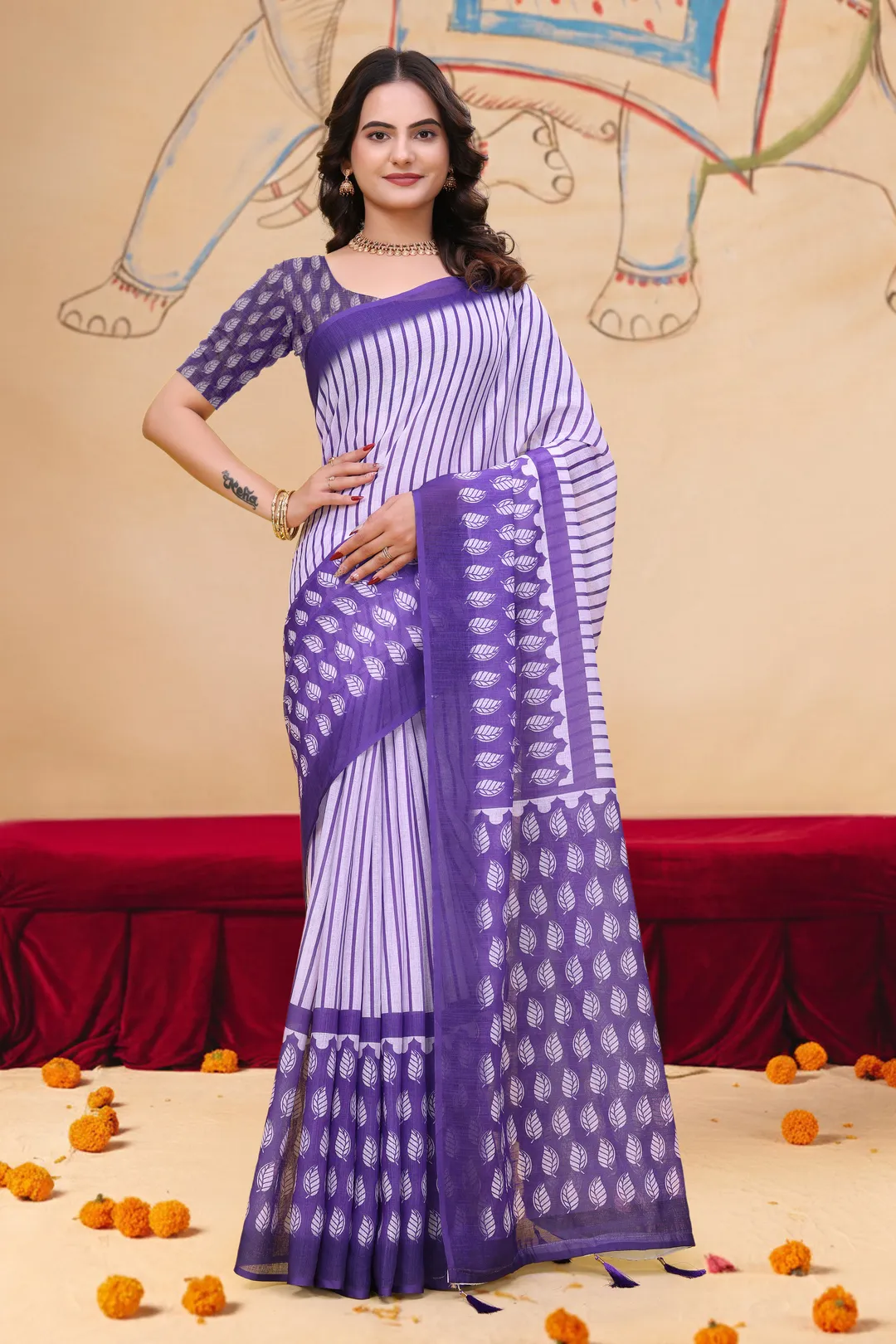Purple Linen Cotton Saree with Leaf Print and Striped Pallu