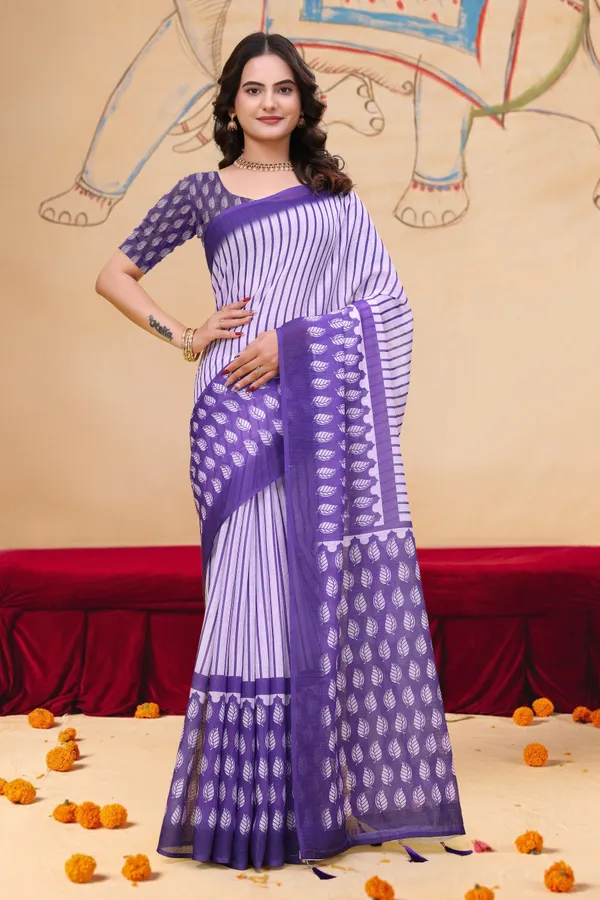 Purple Linen Cotton Saree with Leaf Print and Striped Pallu
