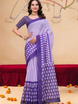 Purple Linen Cotton Saree with Leaf Print and Striped Pallu