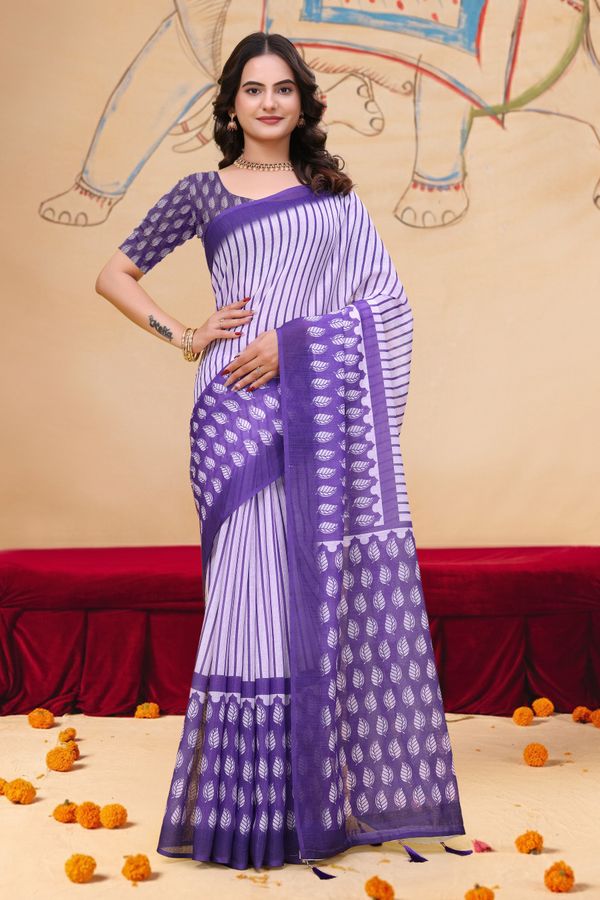 Purple Linen Cotton Saree with Leaf Print and Striped Pallu