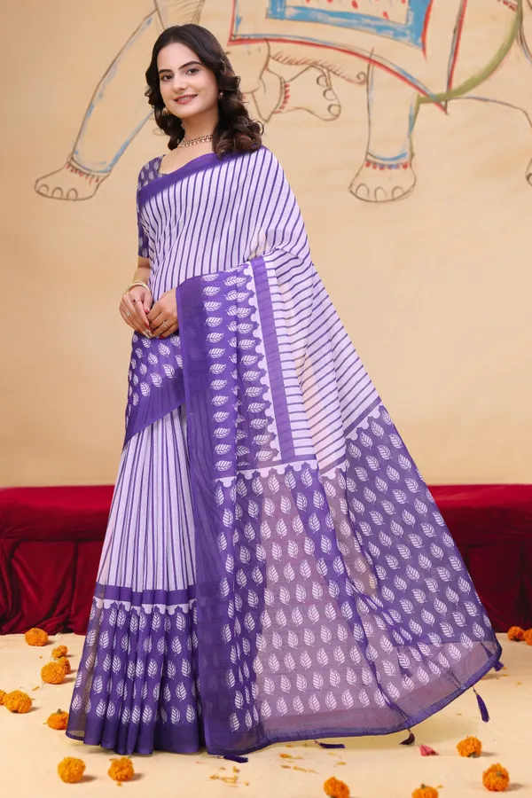 Purple Linen Cotton Saree with Leaf Print and Striped Pallu
