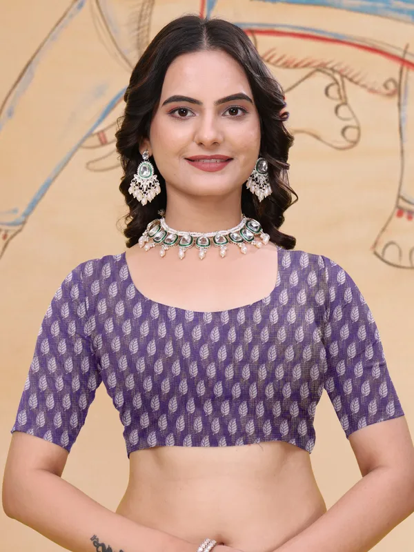 Purple Linen Cotton Saree with Leaf Print and Striped Pallu