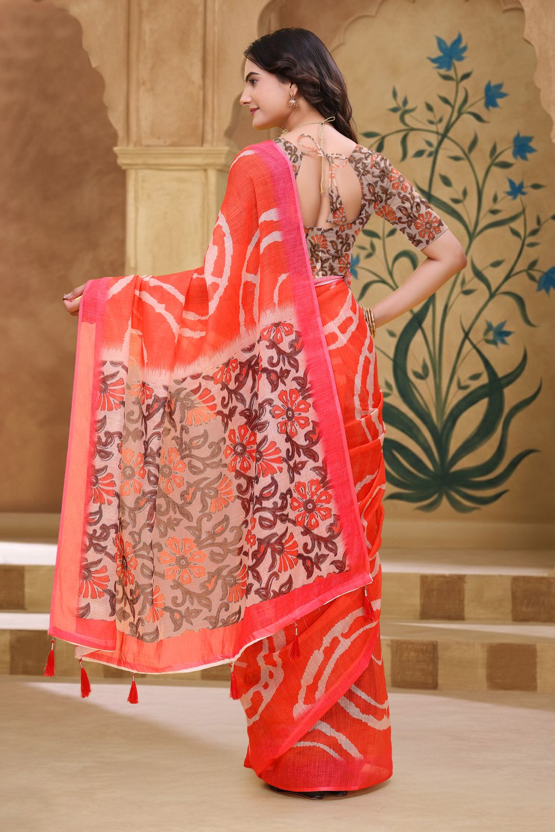 Coral Abstract Linen Cotton Saree with Floral Printed Pallu