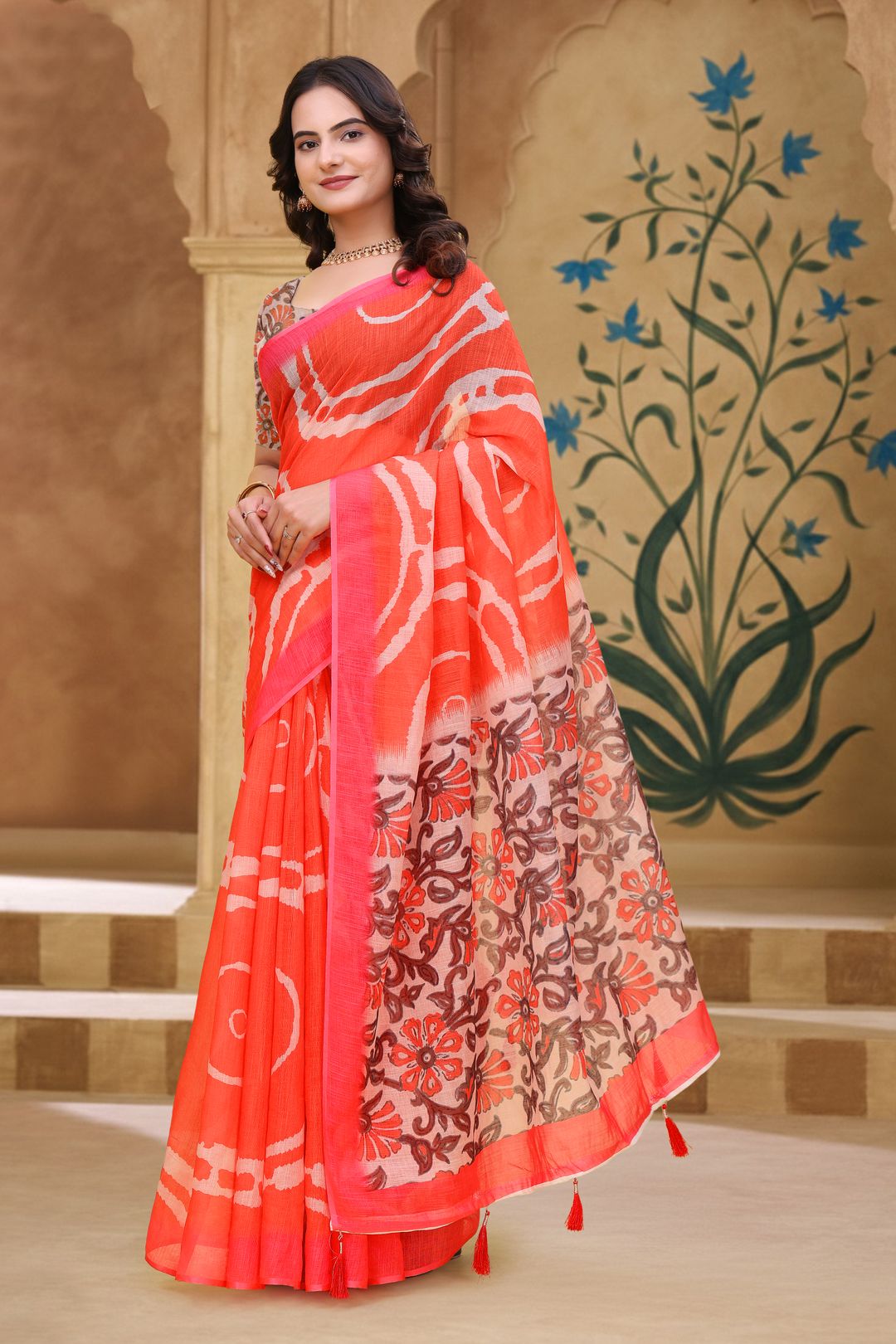 Coral Abstract Linen Cotton Saree with Floral Printed Pallu