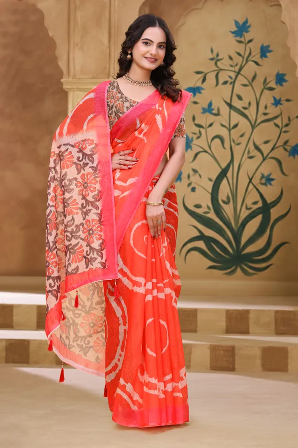 Coral Abstract Linen Cotton Saree with Floral Printed Pallu