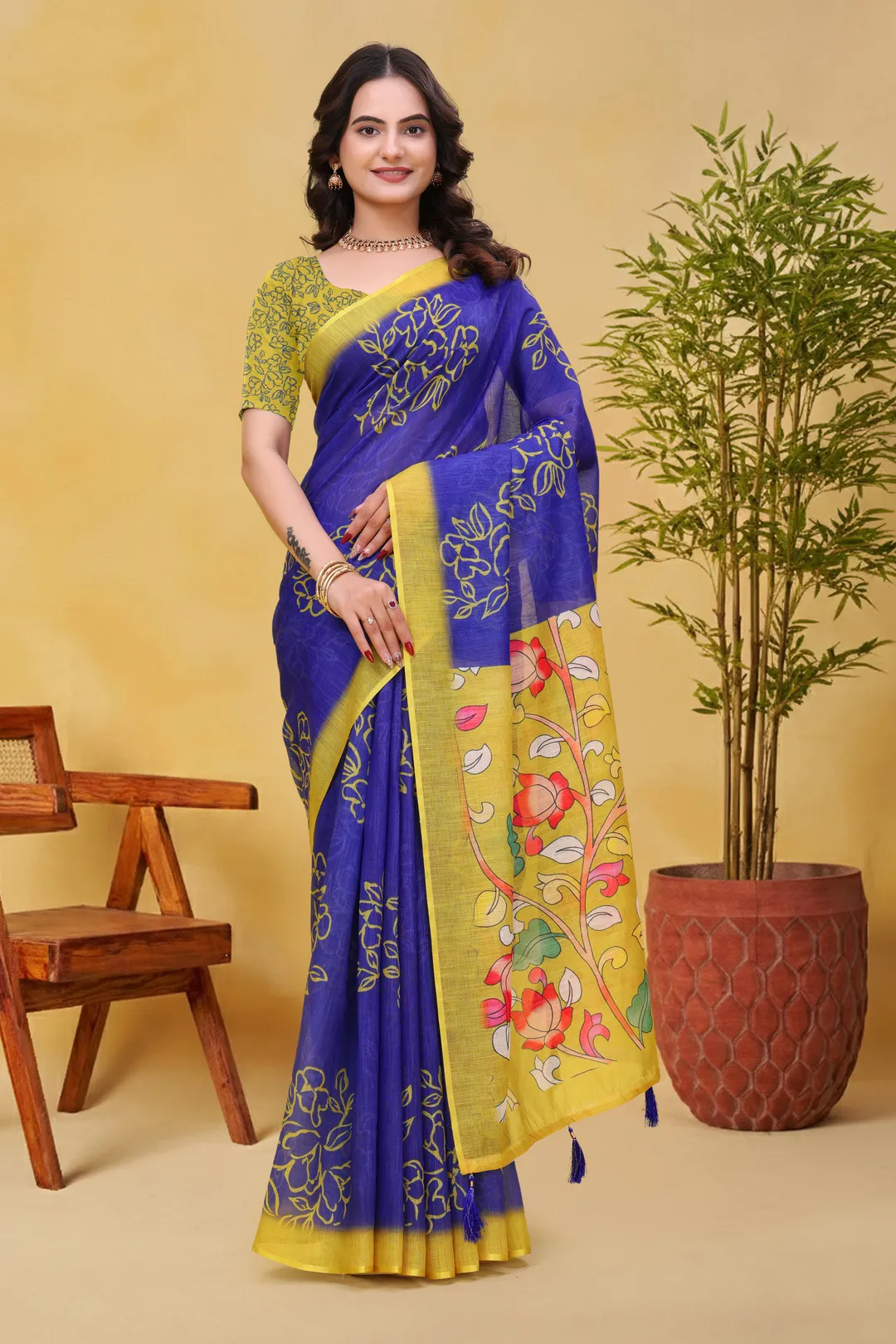 Buy Blue Linen Cotton Floral Print Saree with Yellow Border