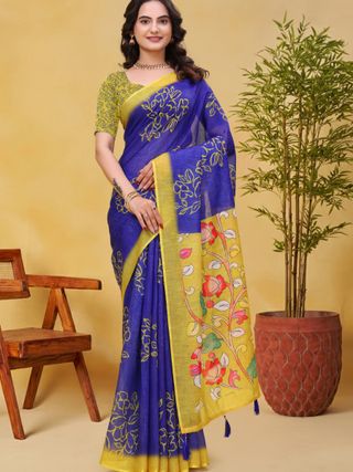 Buy Blue Linen Cotton Floral Print Saree with Yellow Border
