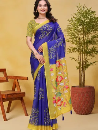 Buy Blue Linen Cotton Floral Print Saree with Yellow Border
