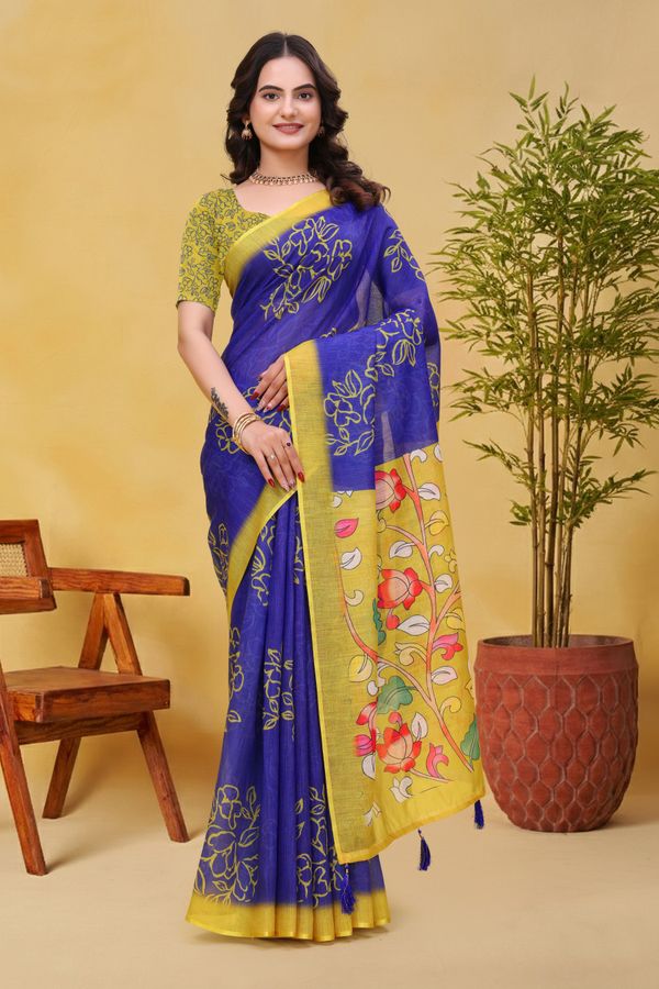 Buy Blue Linen Cotton Floral Print Saree with Yellow Border