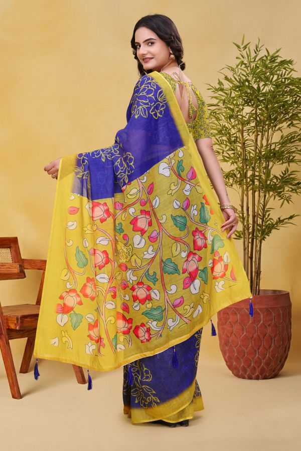 Buy Blue Linen Cotton Floral Print Saree with Yellow Border