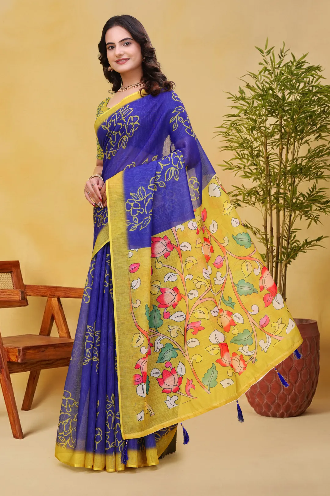 Buy Blue Linen Cotton Floral Print Saree with Yellow Border