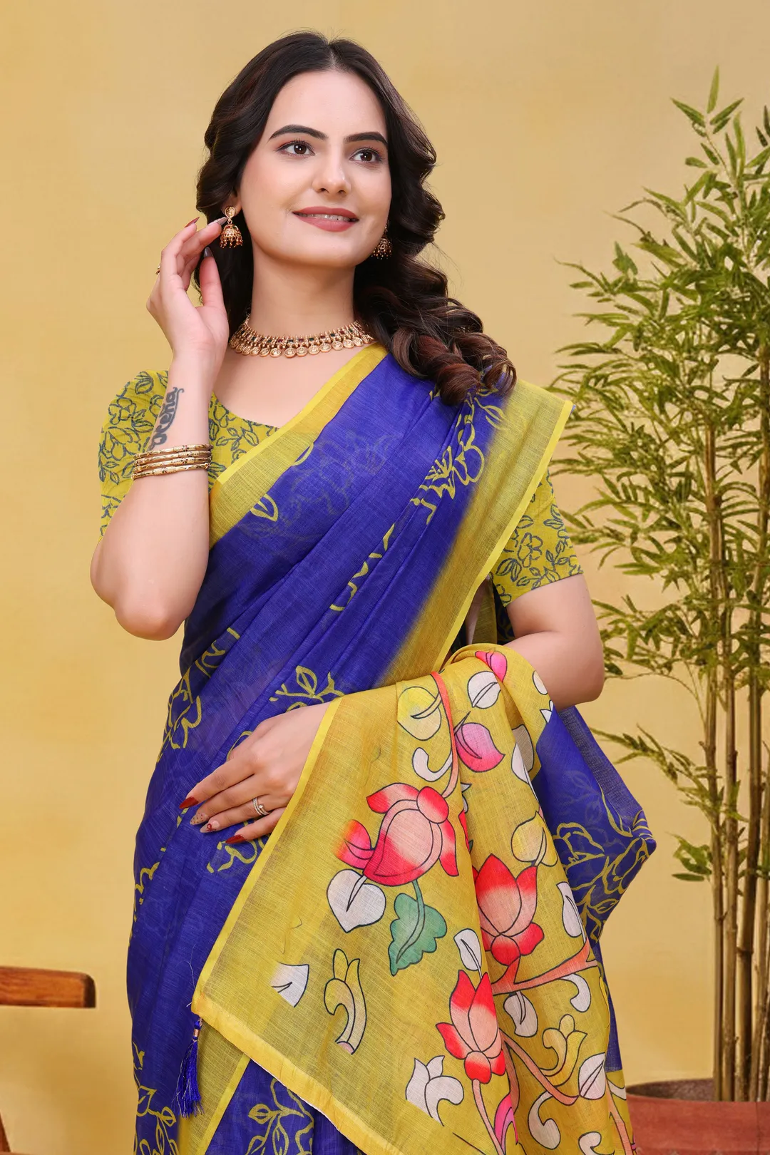 Buy Blue Linen Cotton Floral Print Saree with Yellow Border
