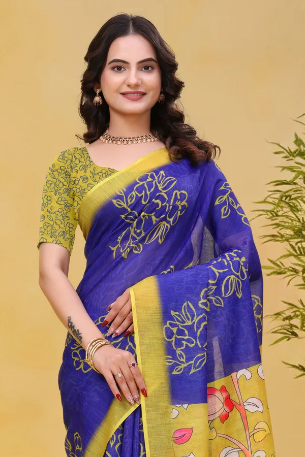 Buy Blue Linen Cotton Floral Print Saree with Yellow Border