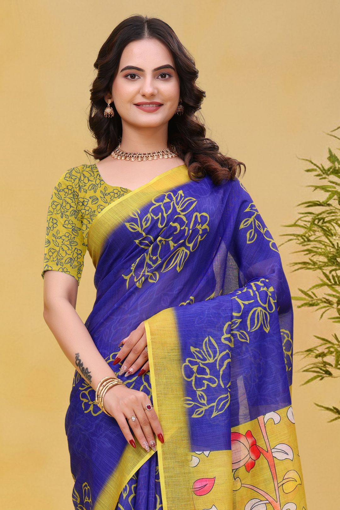 Buy Blue Linen Cotton Floral Print Saree with Yellow Border