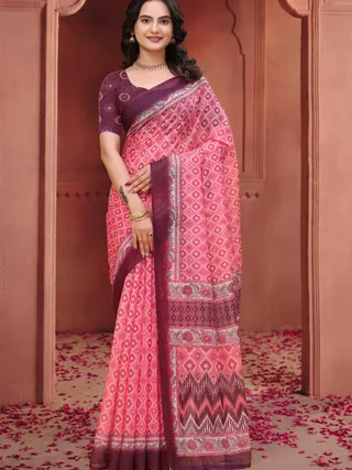 Pink Geometric Print Linen Cotton Saree with Maroon Borders