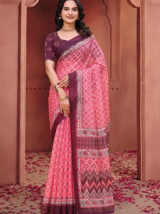 Pink Geometric Print Linen Cotton Saree with Maroon Borders