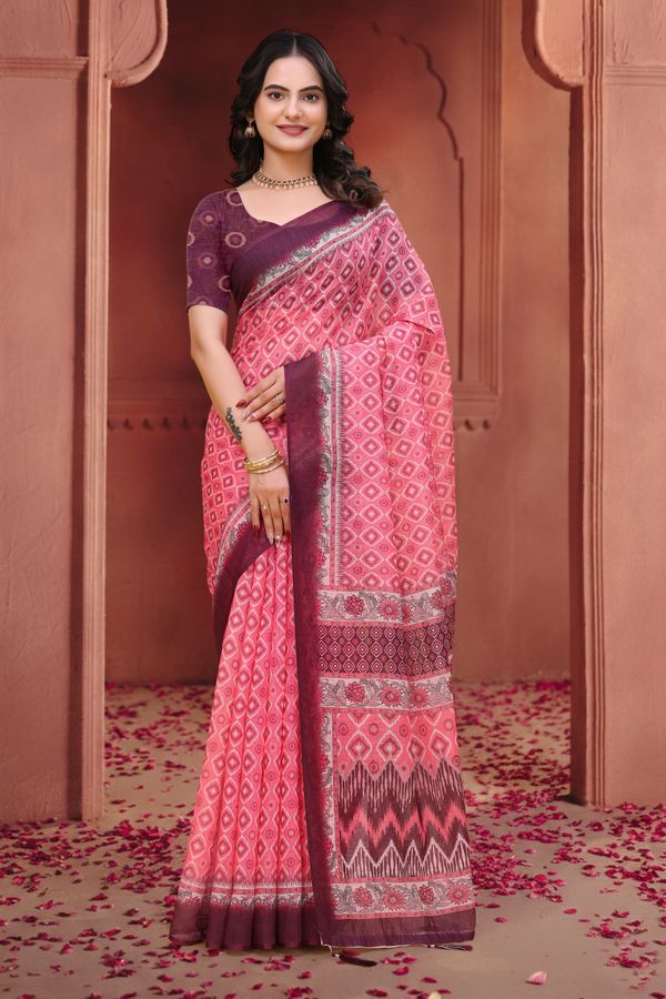 Pink Geometric Print Linen Cotton Saree with Maroon Borders