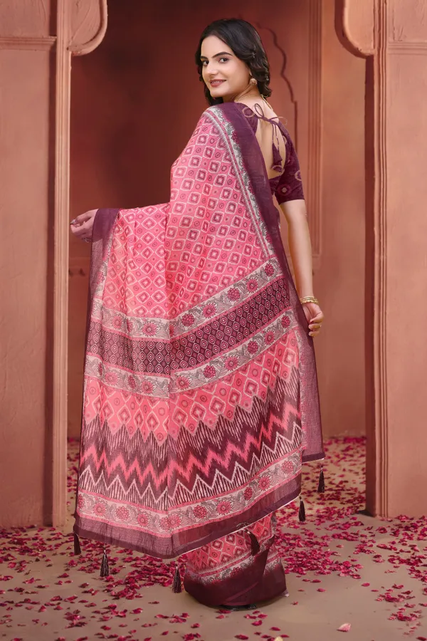 Pink Geometric Print Linen Cotton Saree with Maroon Borders
