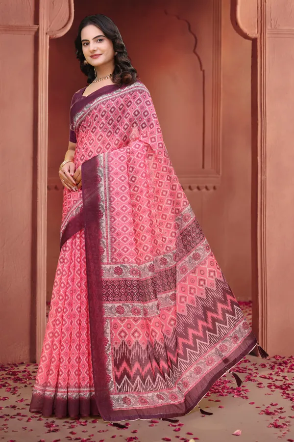 Pink Geometric Print Linen Cotton Saree with Maroon Borders