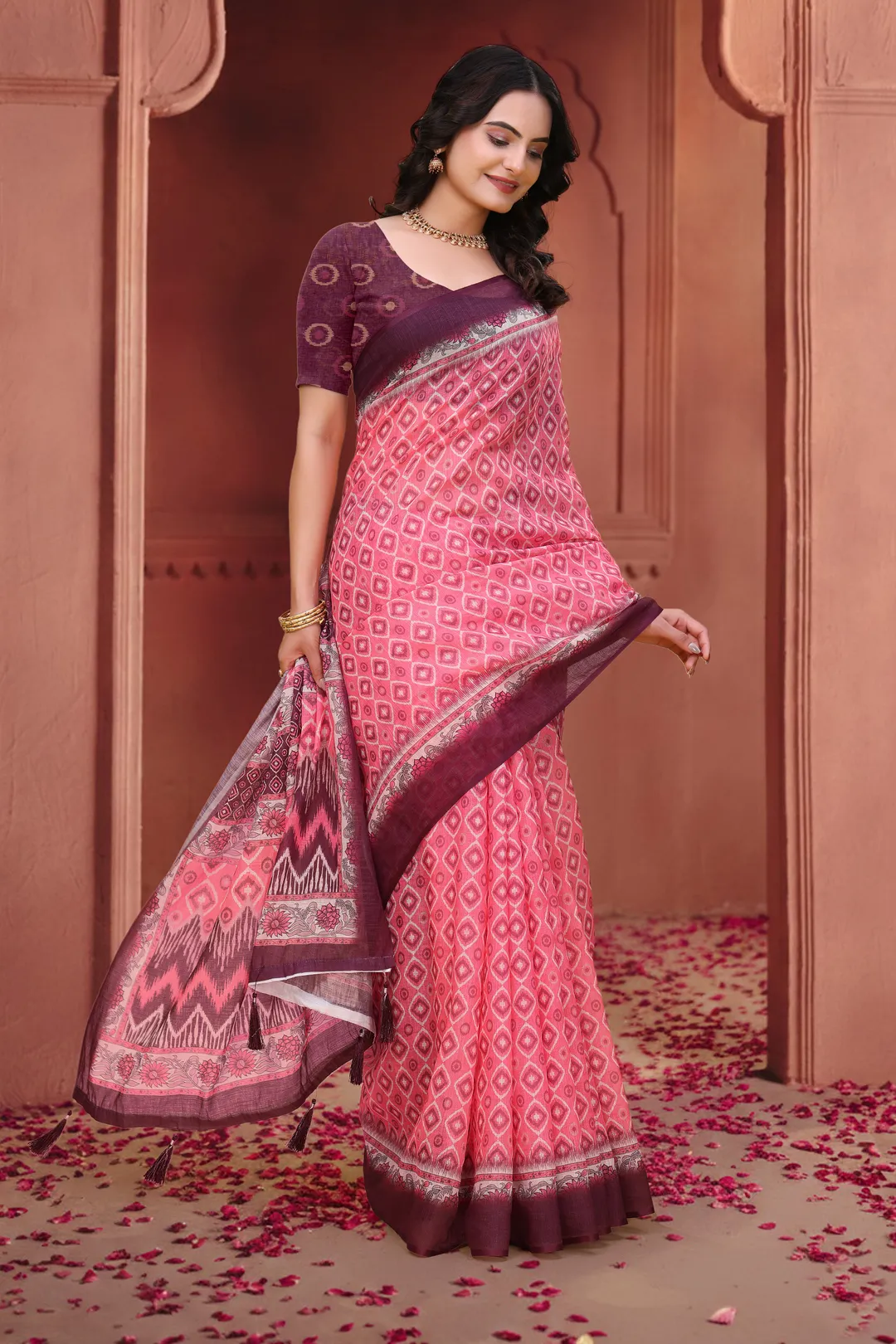 Pink Geometric Print Linen Cotton Saree with Maroon Borders
