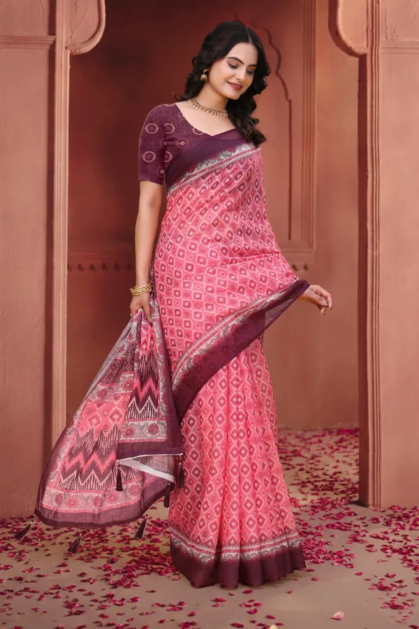 Pink Geometric Print Linen Cotton Saree with Maroon Borders