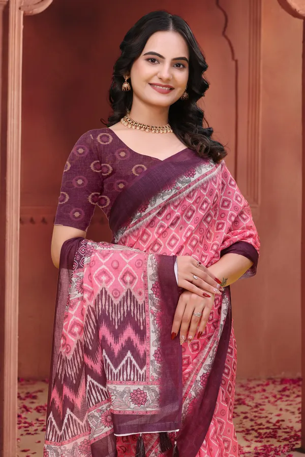 Pink Geometric Print Linen Cotton Saree with Maroon Borders