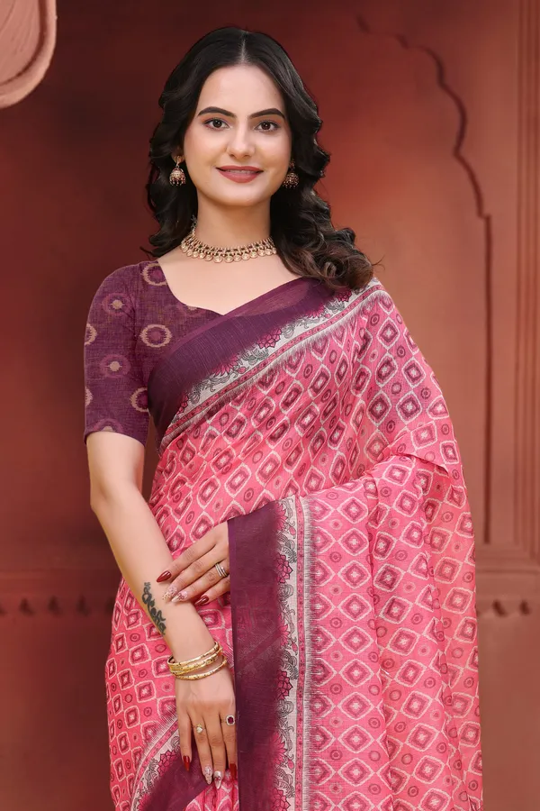 Pink Geometric Print Linen Cotton Saree with Maroon Borders