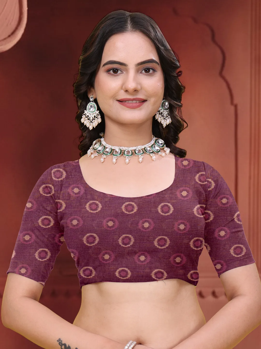 Pink Geometric Print Linen Cotton Saree with Maroon Borders