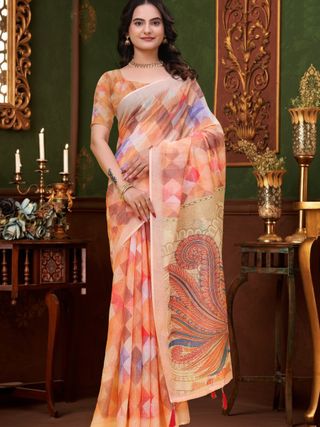Peach Multicolor Linen Cotton Saree with Paisley Pallu
