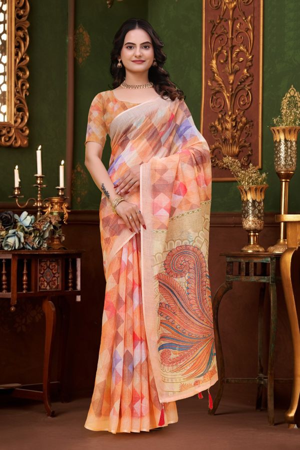 Peach Multicolor Linen Cotton Saree with Paisley Pallu