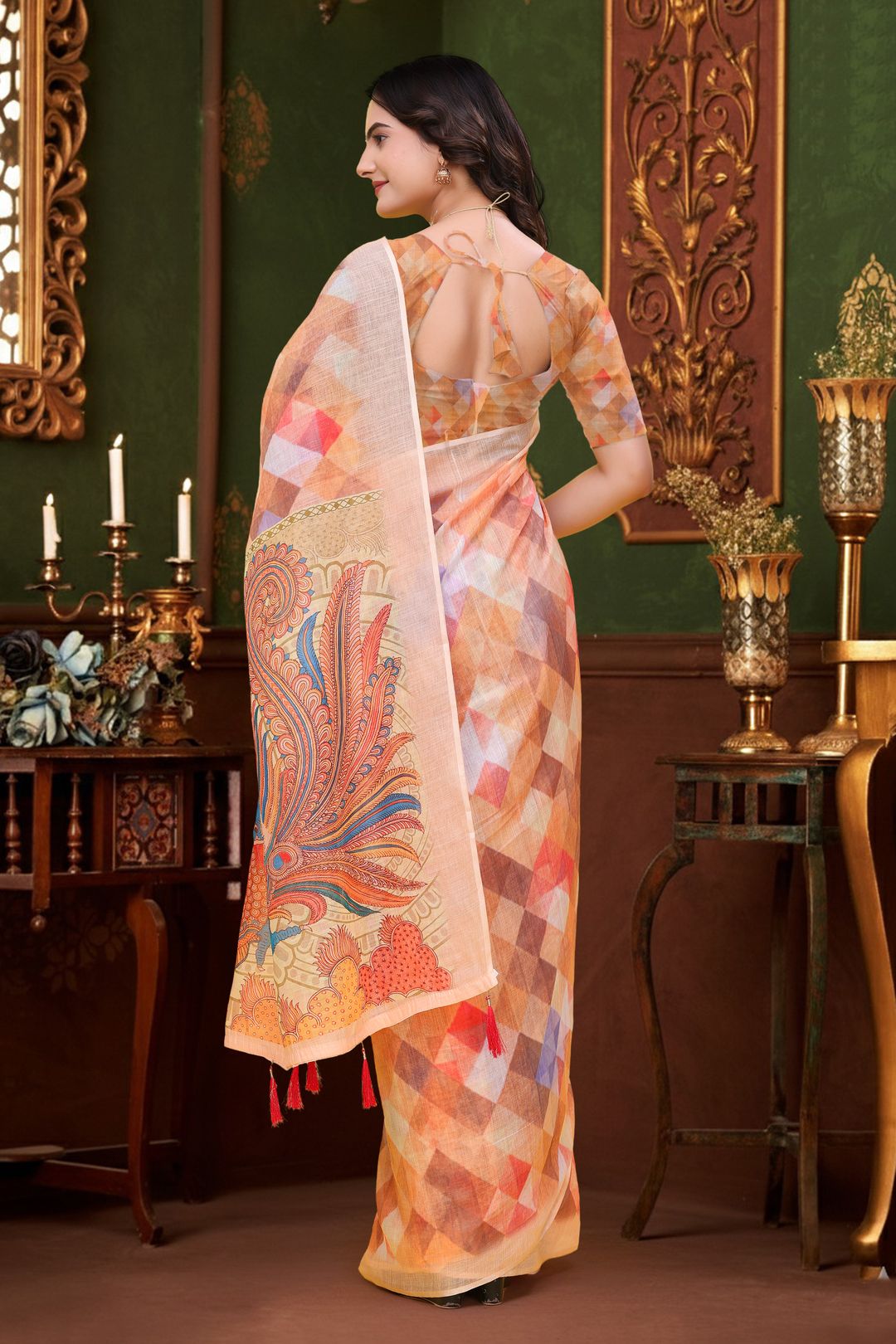 Peach Multicolor Linen Cotton Saree with Paisley Pallu