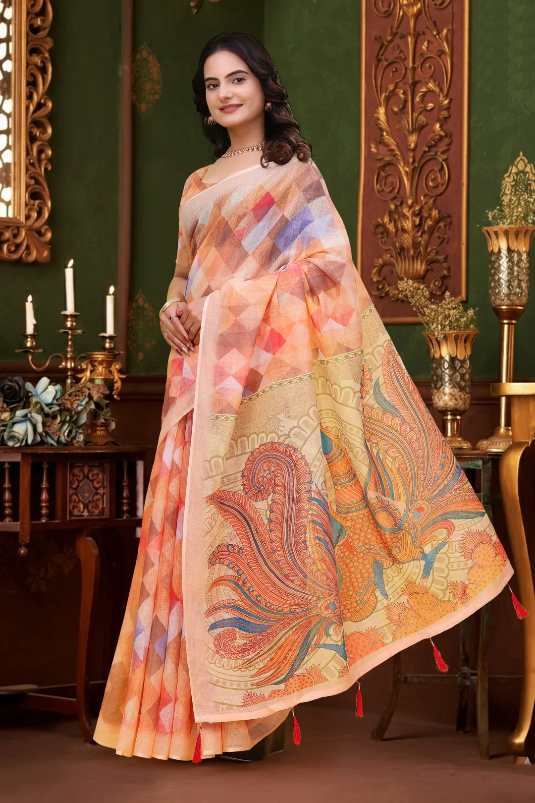 Peach Multicolor Linen Cotton Saree with Paisley Pallu