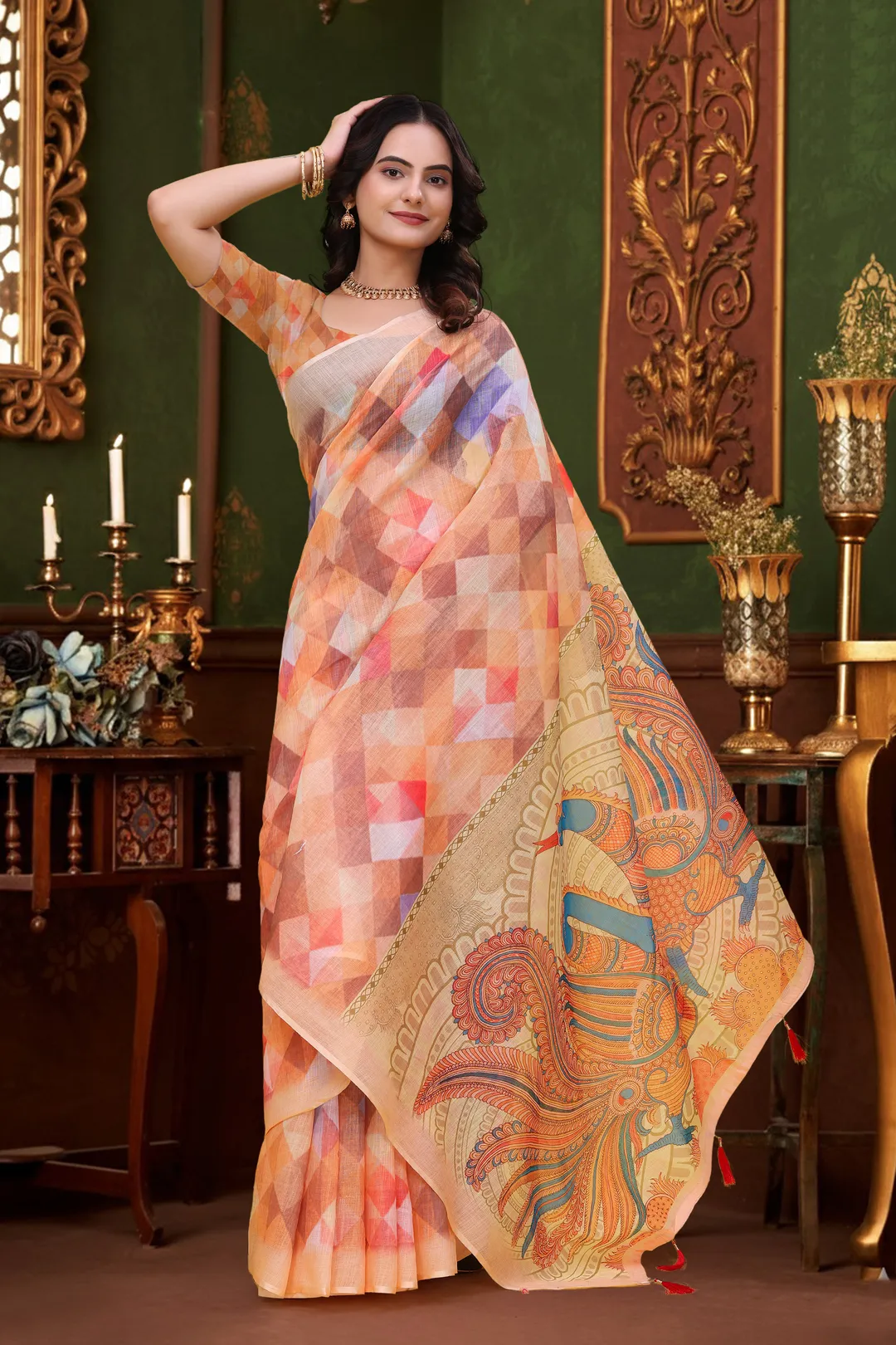 Peach Multicolor Linen Cotton Saree with Paisley Pallu