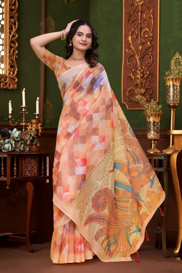 Peach Multicolor Linen Cotton Saree with Paisley Pallu