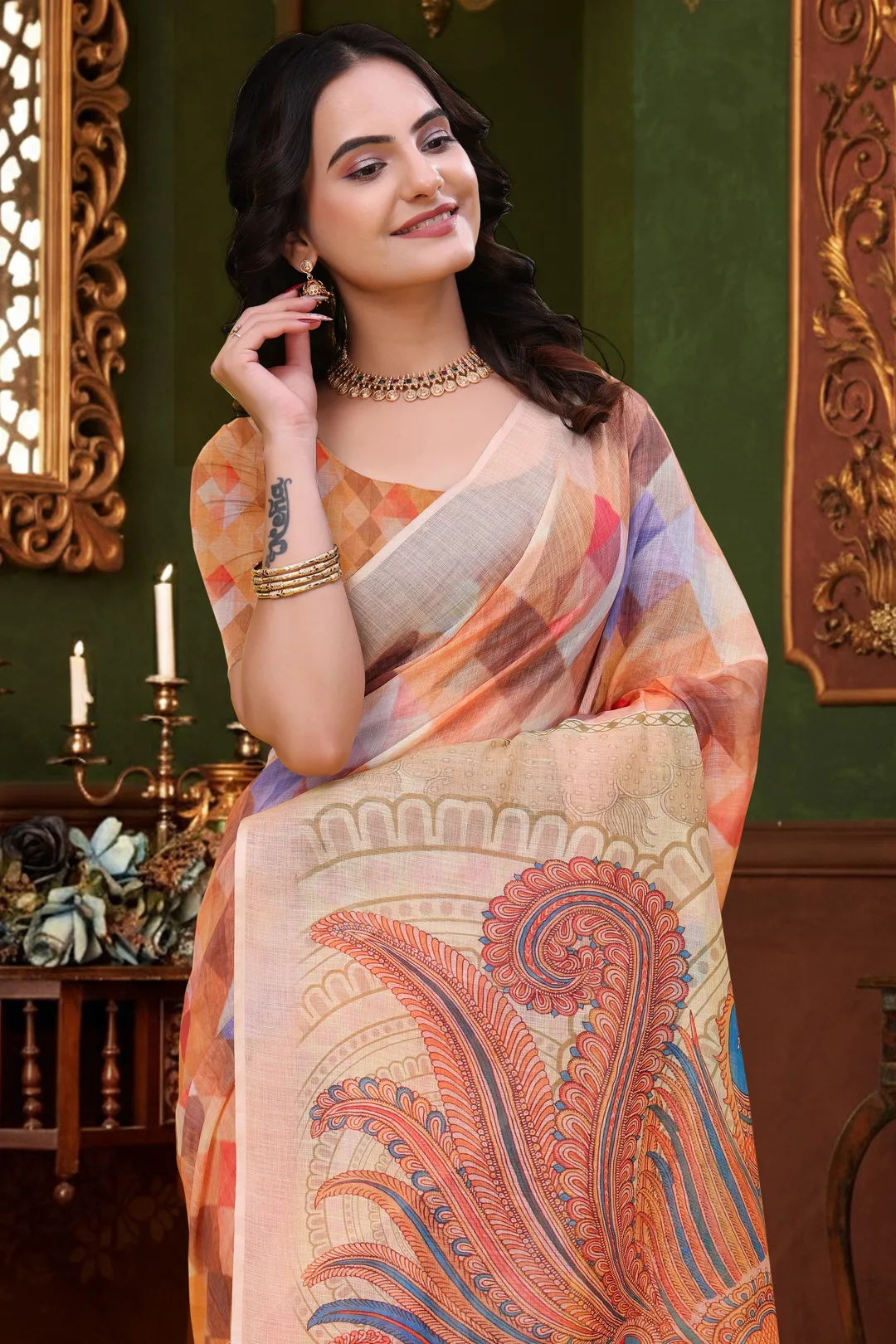 Peach Multicolor Linen Cotton Saree with Paisley Pallu