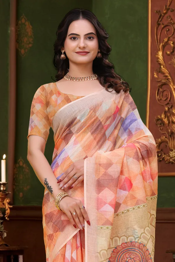 Peach Multicolor Linen Cotton Saree with Paisley Pallu