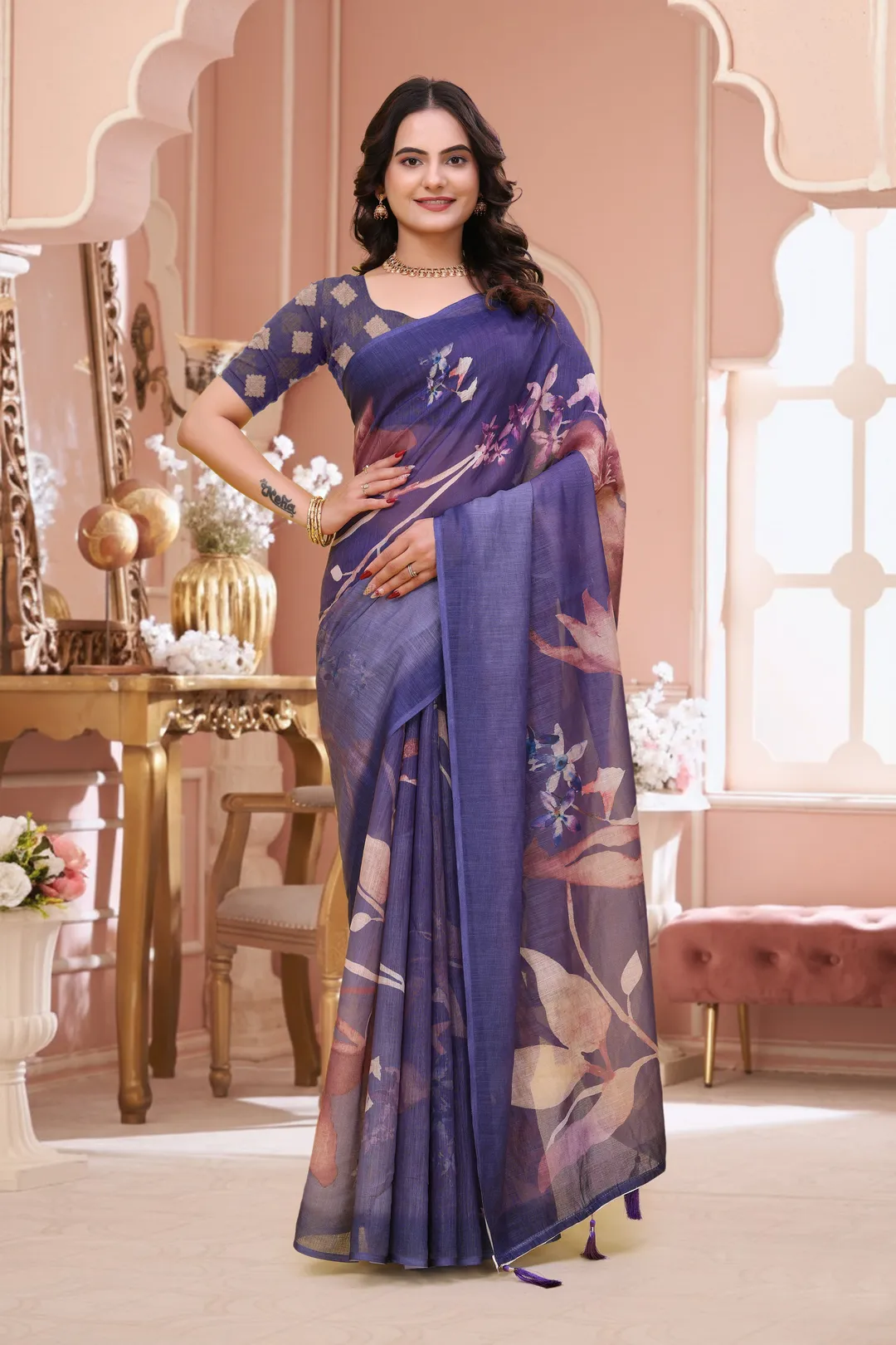 Lavender Floral Linen Cotton Saree with Blouse Online