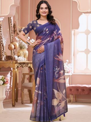 Lavender Floral Linen Cotton Saree with Blouse Online