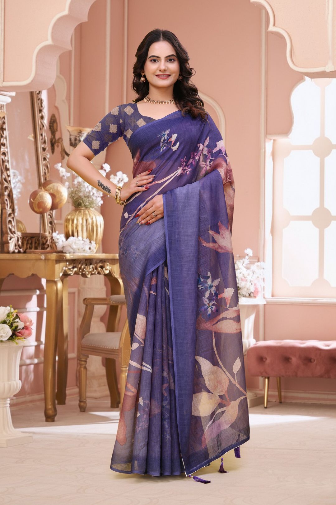 Lavender Floral Linen Cotton Saree with Blouse Online