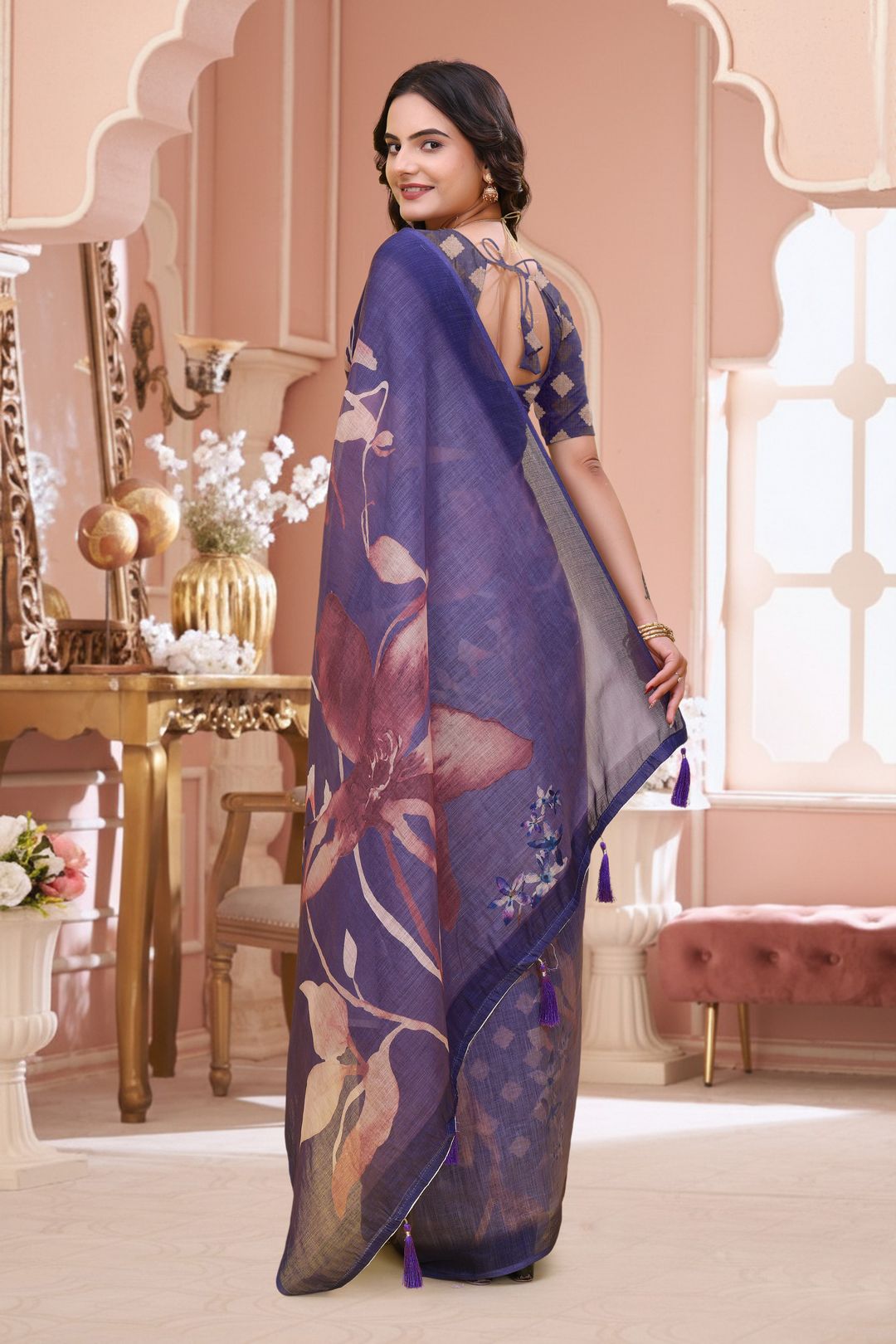 Lavender Floral Linen Cotton Saree with Blouse Online