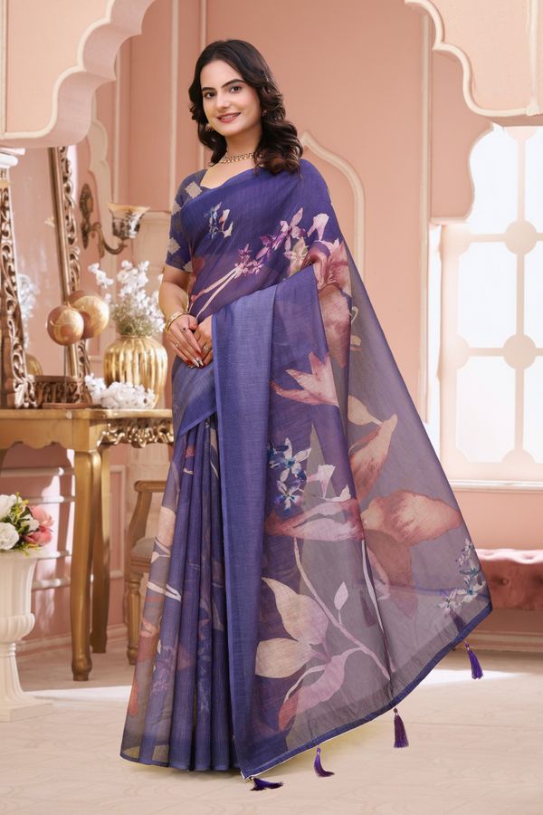 Lavender Floral Linen Cotton Saree with Blouse Online